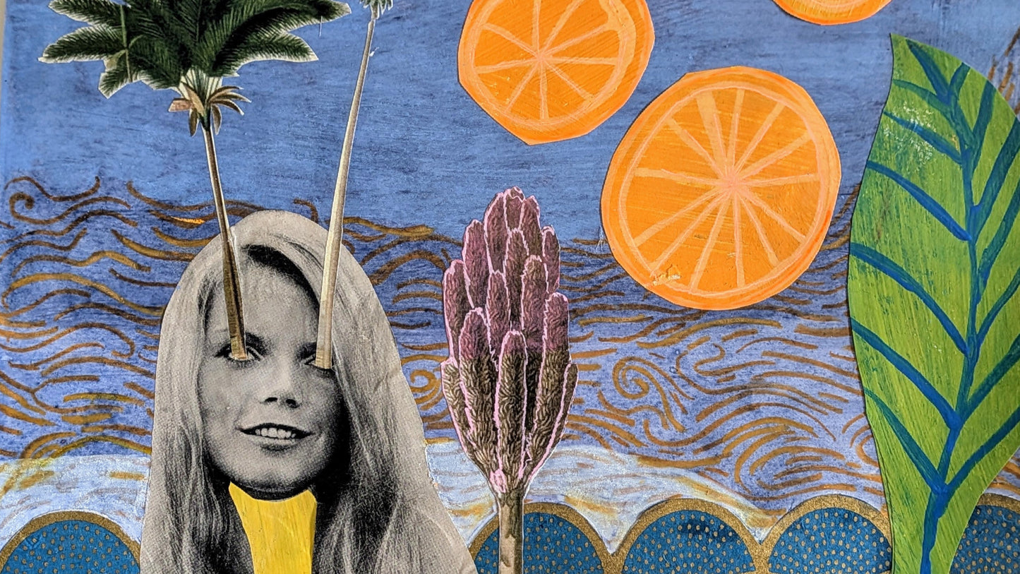 Suzy in the Sea with Oranges (11x14" mixed media collage, original)