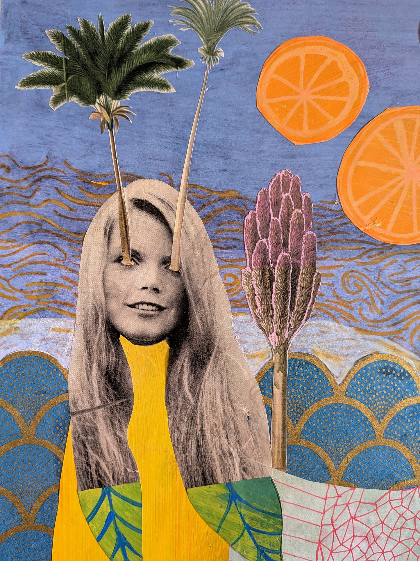 Suzy in the Sea with Oranges (11x14" mixed media collage, original)
