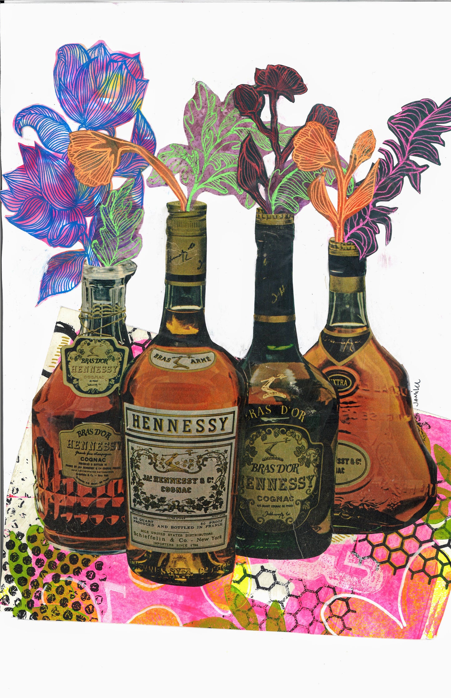 Flowers and Hennessy (11x15" mixed media collage, original)
