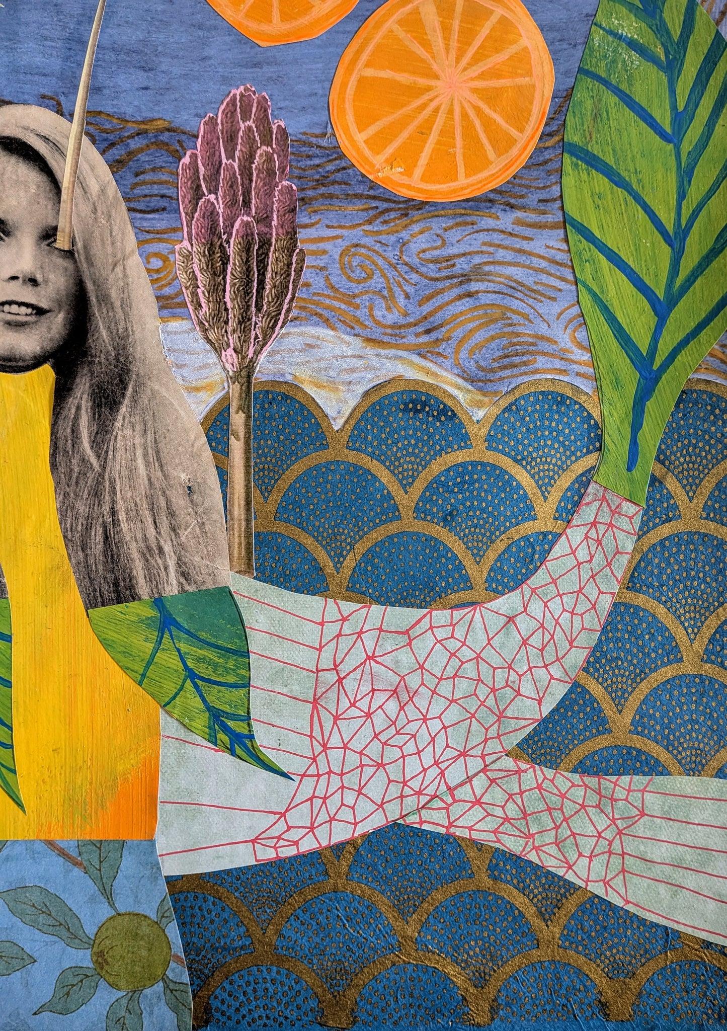 Suzy in the Sea with Oranges (11x14" mixed media collage, original)