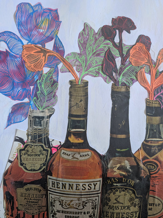 Flowers and Hennessy (11x15" mixed media collage, original)