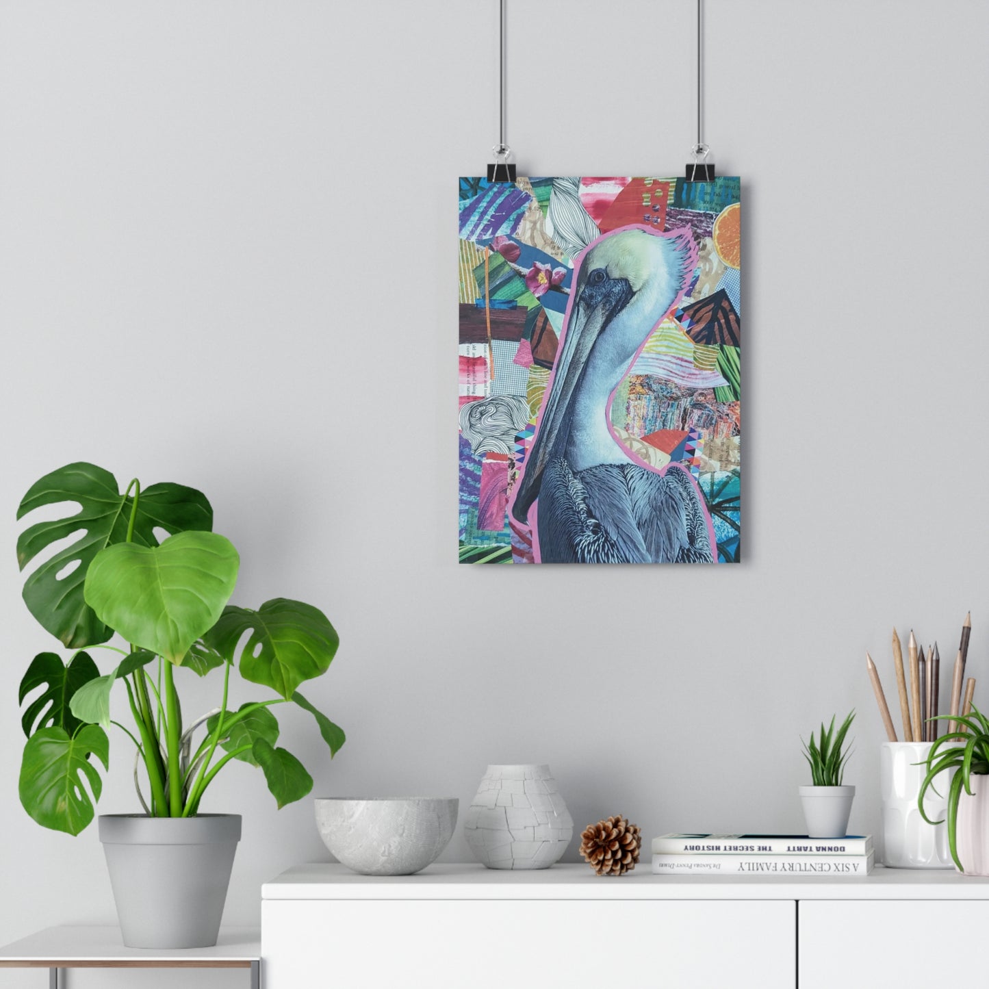 Scrappy Pelican (Mixed Media Collage Fine Art Giclee Print)