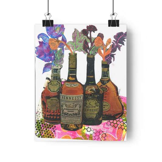 Flowers and Hennessy (Mixed Media Collage Fine Art Giclee Print)
