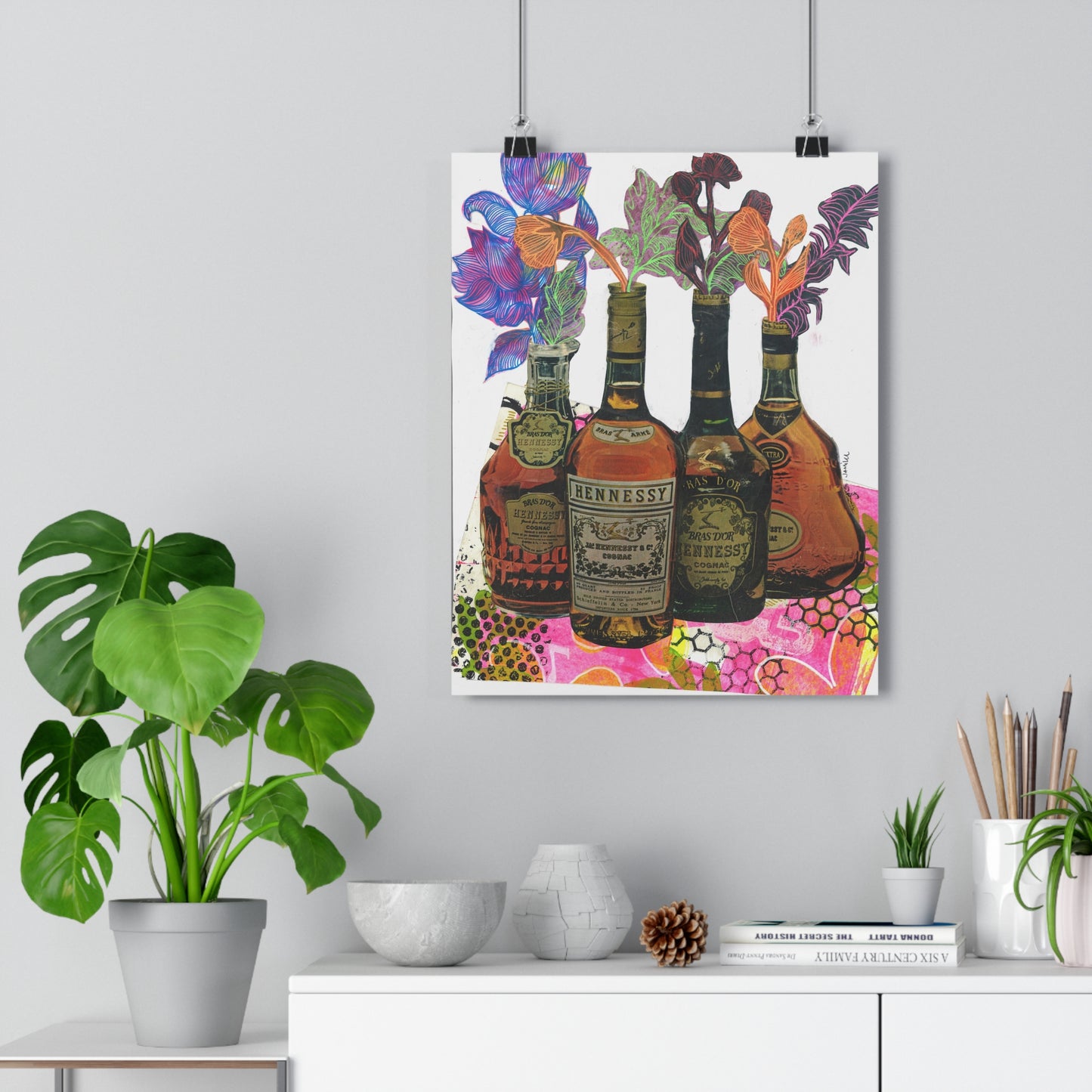 Flowers and Hennessy (Mixed Media Collage Fine Art Giclee Print)