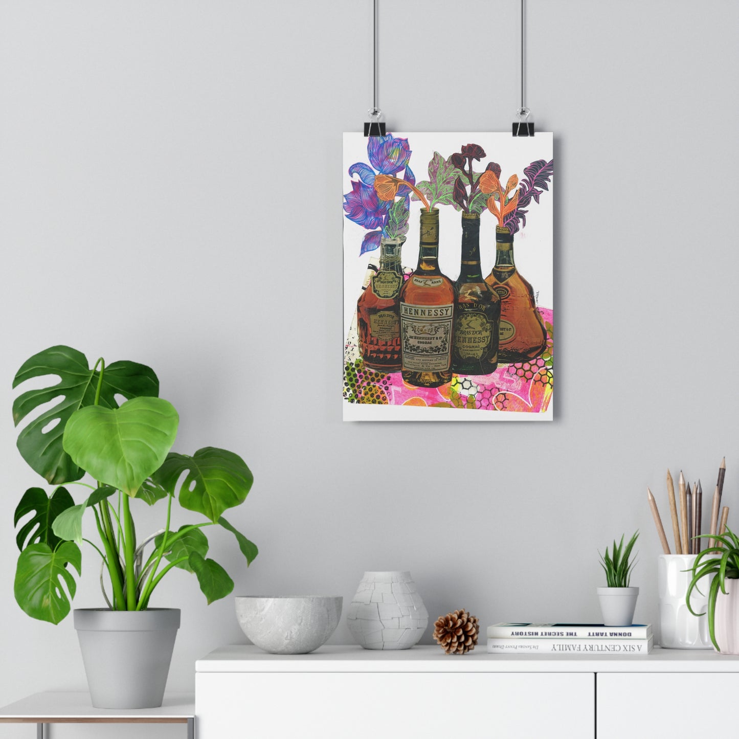 Flowers and Hennessy (Mixed Media Collage Fine Art Giclee Print)