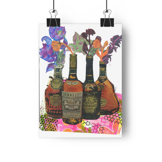 Flowers and Hennessy (Mixed Media Collage Fine Art Giclee Print)