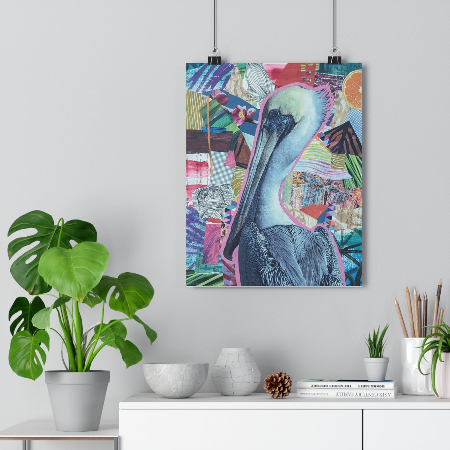 Scrappy Pelican (Mixed Media Collage Fine Art Giclee Print)